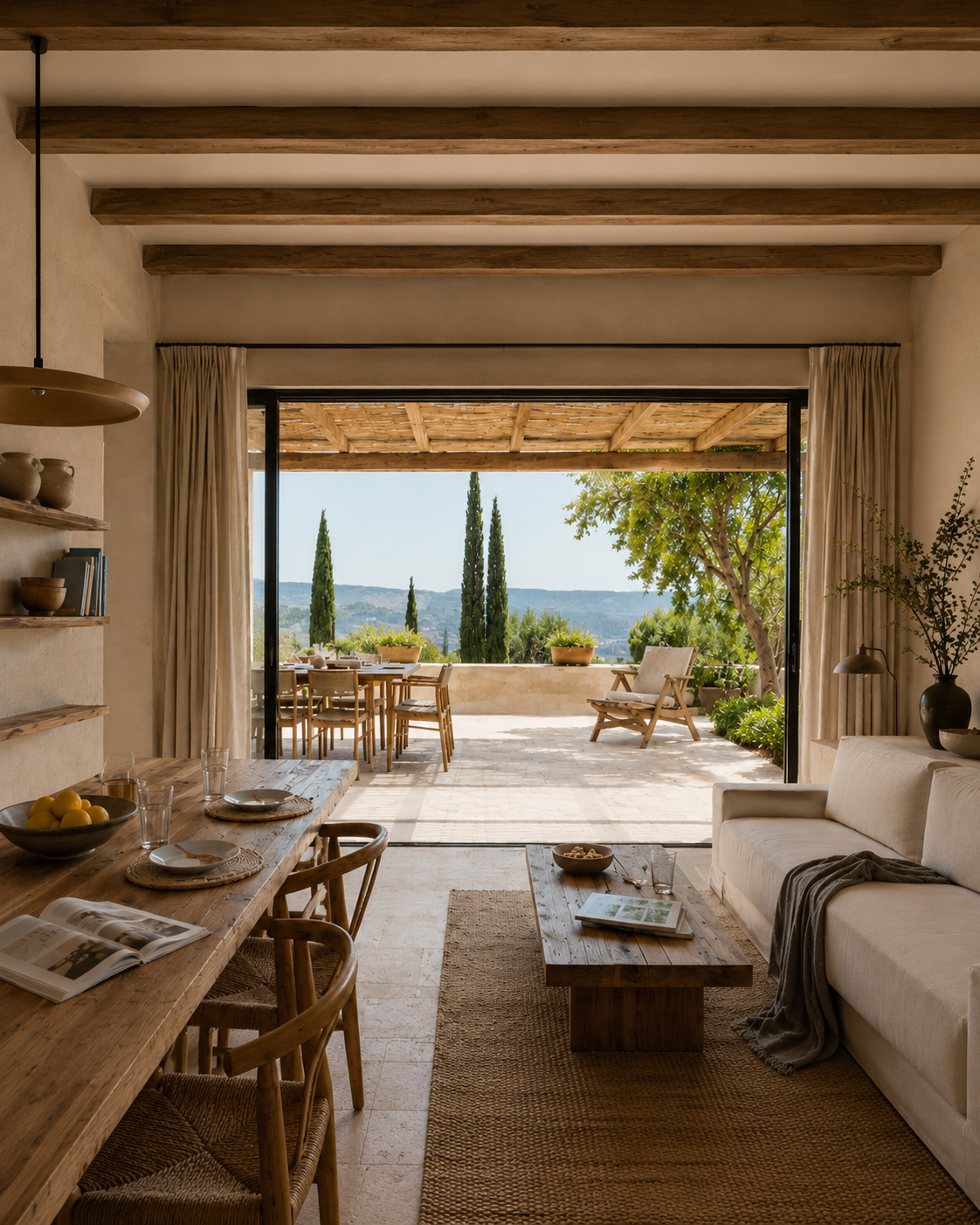 Mediterranean home styled for property presentation, with natural light, open terrace doors and relaxed indoor-outdoor living.