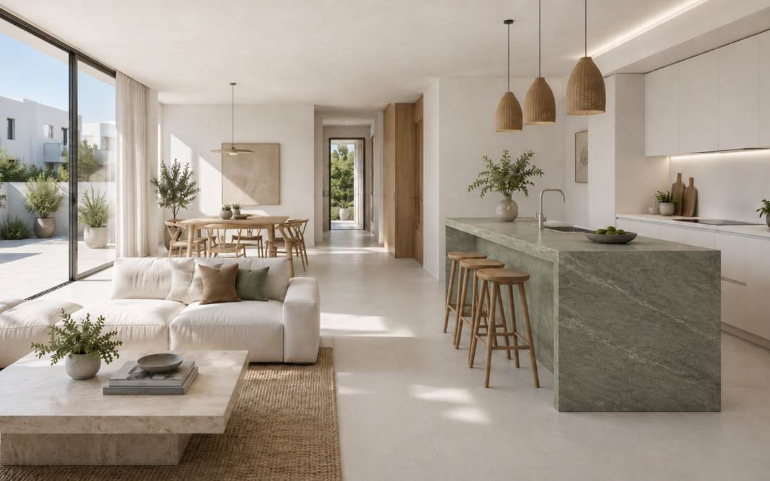 Open-plan kitchen and living room in a Mediterranean modular home in Castellón