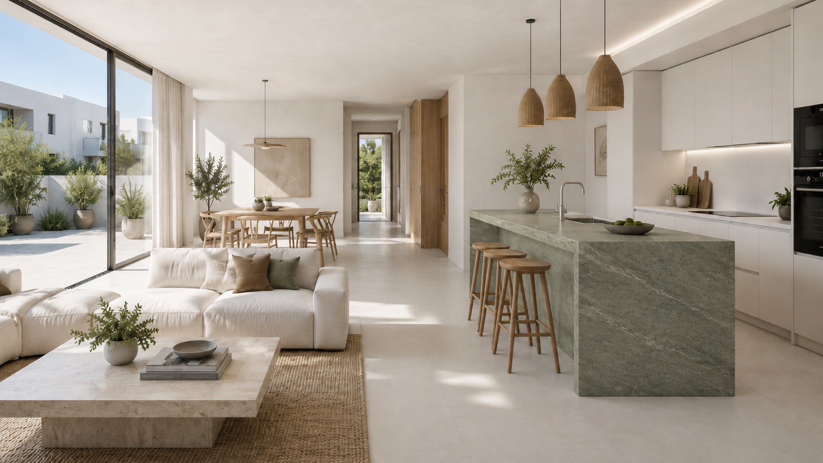 Open-plan kitchen and living room in a Mediterranean modular home in Castellón