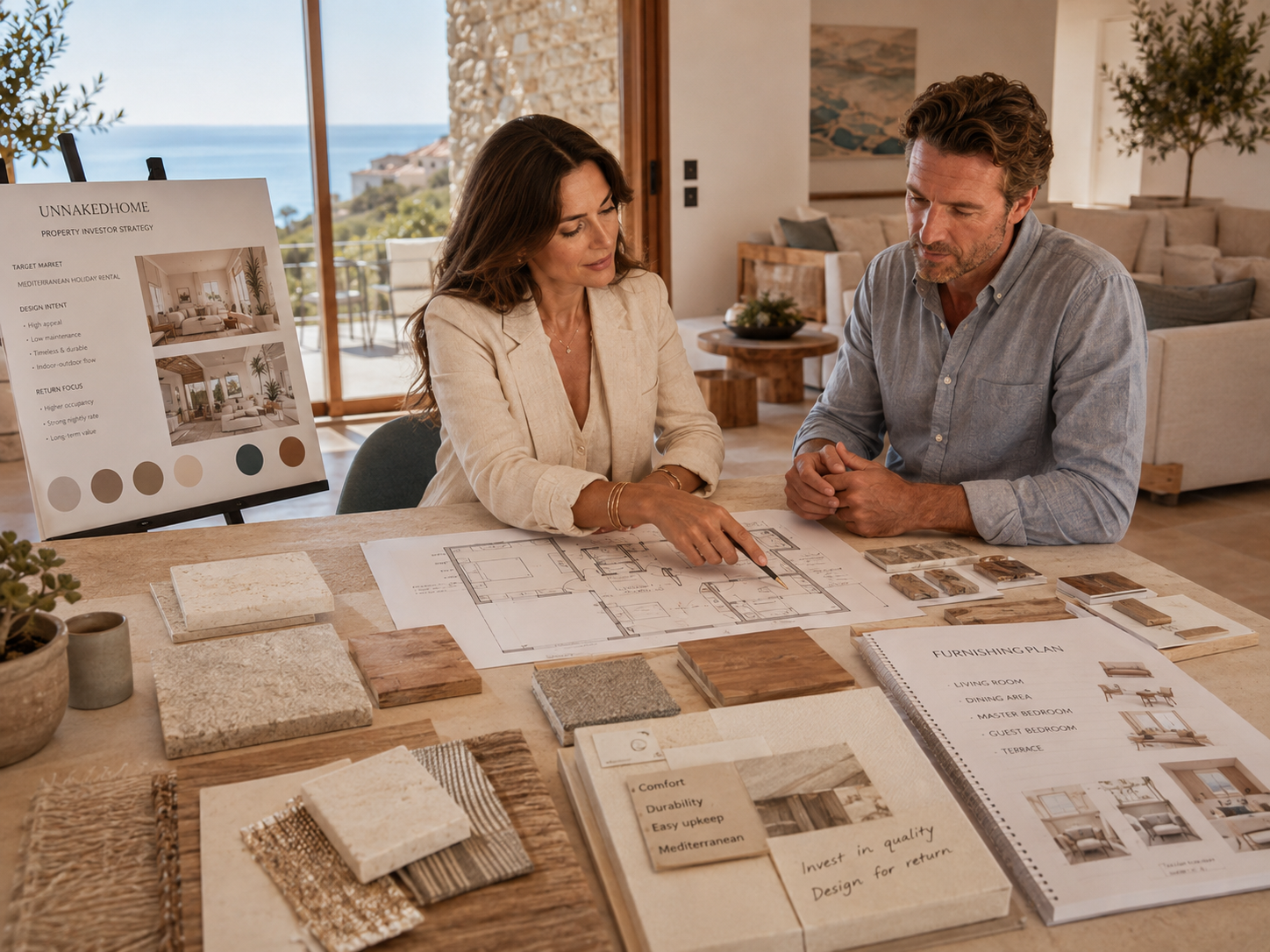 UnnakedHome reviewing a strategic furnishing plan, layout and materials with a property investor.